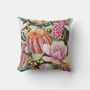 Coussin Plantes australiens tropicaux, motif aquarelle.