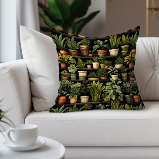 Coussin Plantes d'intérieur Jardinage Noir Vert Marron (Potted succulents on black decorator pillow)