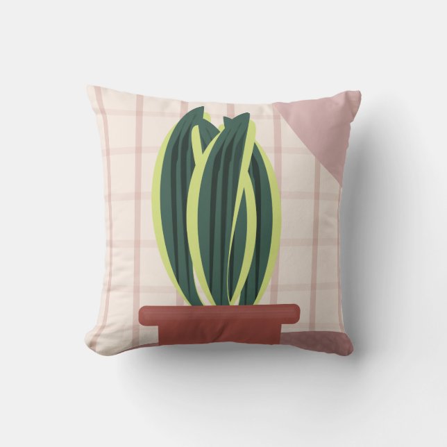 Coussin Plantes serpent sur fond rose à carreaux (Recto)
