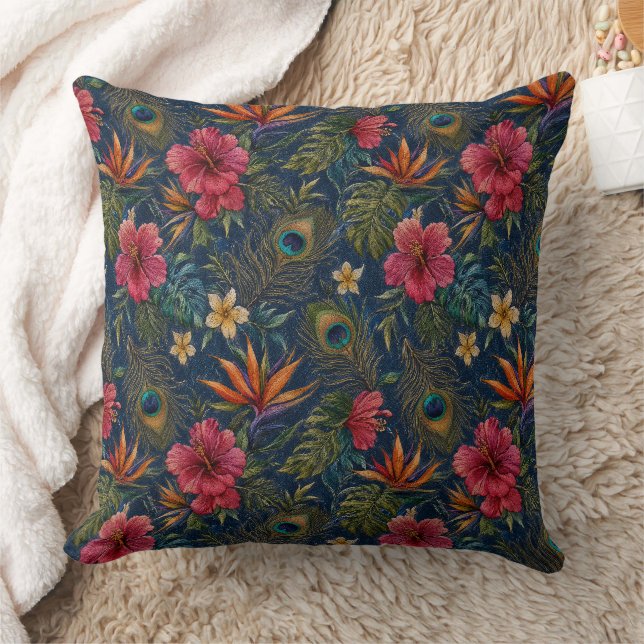 Coussin Plantes tropicales lisses brodées sur denim  (Couverture)