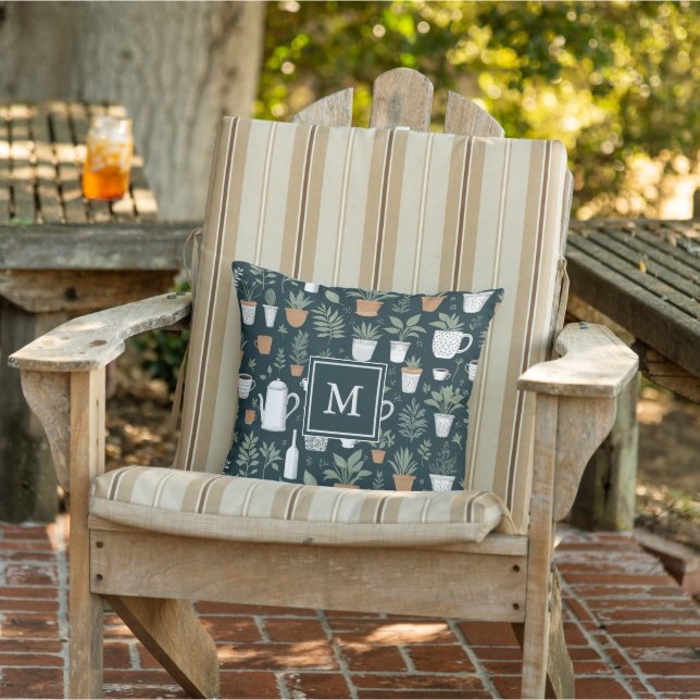 Coussin Plantes Vertes Modernes et Tasses à Café Monogramm (Chaise)