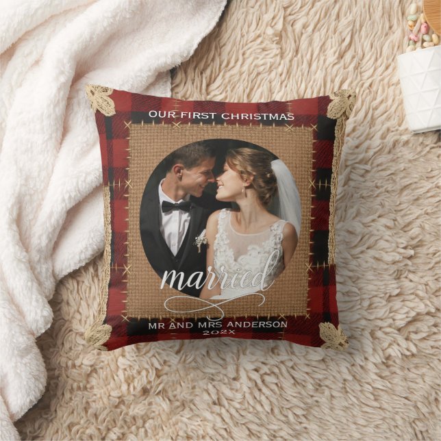 Coussin Plaque de bois rustique à carreaux Premier Noël Ma (Couverture)