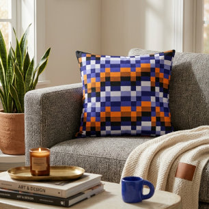 Coussin Plaque de Pixel Art – Bleus, Orange & Terre