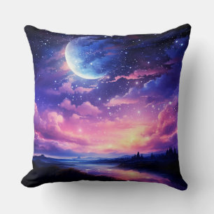 Coussin Pleine lune Céleste Étoiles Nuages Mystique Violet