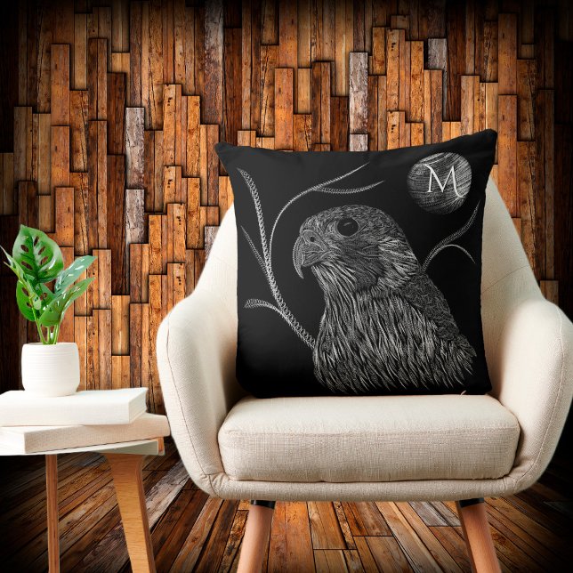 Coussin Pleine lune de faucon Monogramme noir (Créateur téléchargé)