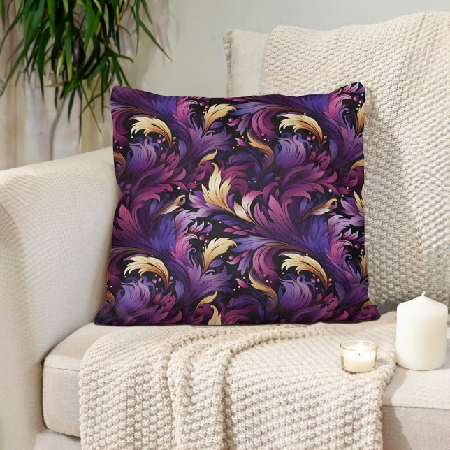 Coussin Plum violet or Ornat baroque (Deep plum purple and gold baroque-style luxury decorator pillow)
