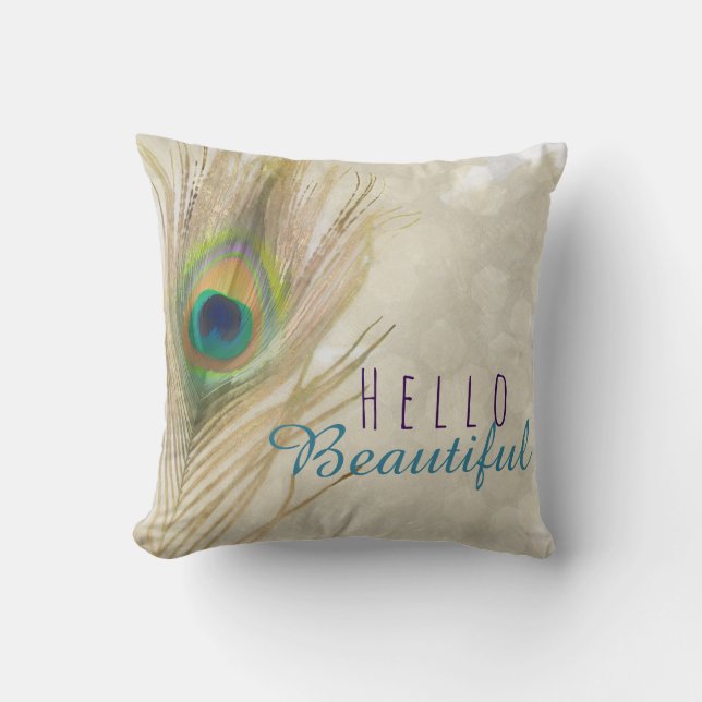 Coussin Plume de paon exotique doré Glam Elegant Chic (Recto)