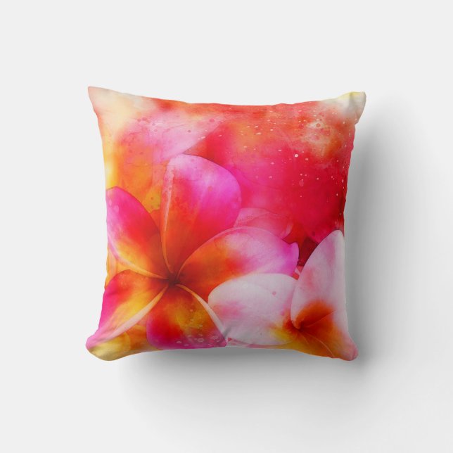 Coussin Plumeria hawaïenne en rose, jaune, orange, blanc (Recto)