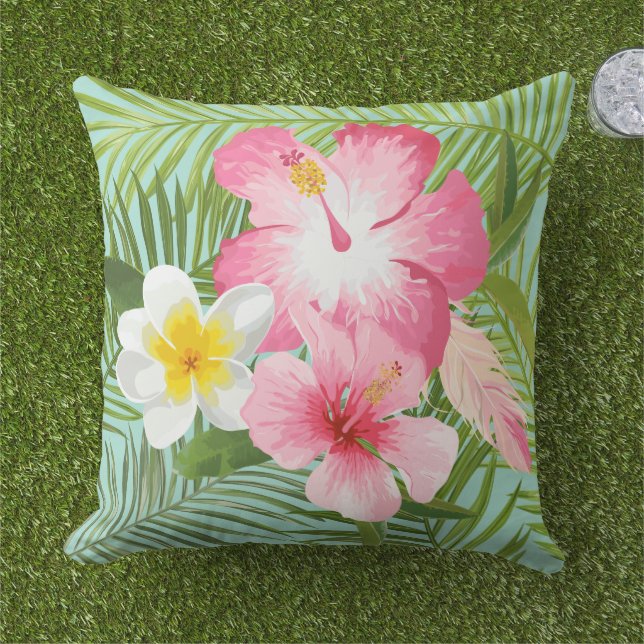 Coussin Plumeria Palmier Hibiscus Rose Tropical (Herbe)