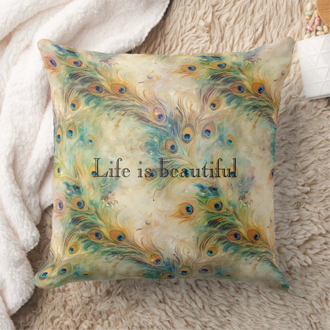 Coussin Plumes Aqua Green Gold Peacock (Couverture)