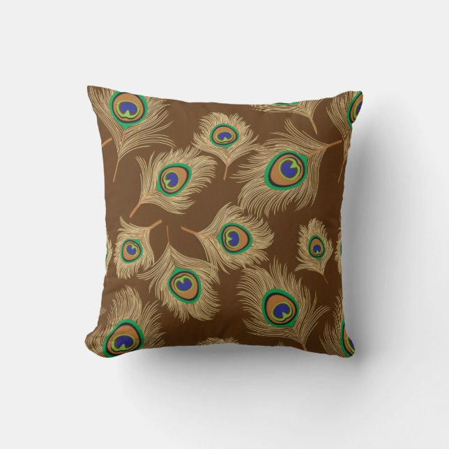 Coussin Plumes beiges de paon sur brun chocolat (Recto)