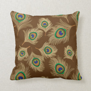 Coussin Plumes beiges de paon sur brun chocolat