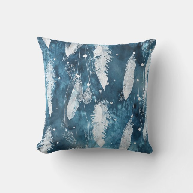 Coussin Plumes blanches tombantes, aquarelle bleue. (Recto)