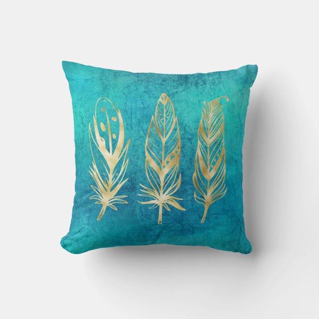 Coussin Plumes bleu et or turquoise (Recto)