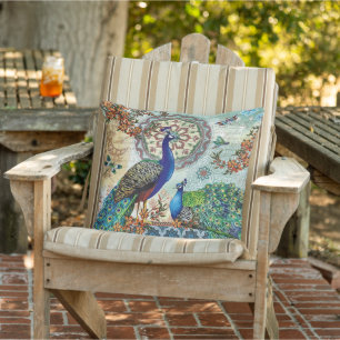 Coussin Plumes bleues vert Peacock Bird Floral Patio