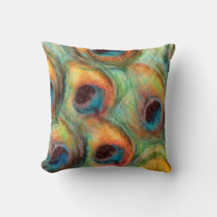 Coussin Plumes de paon Abstrait en bleu et vert orange