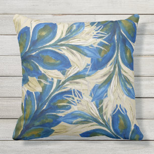 Coussin Plumes de paon bleu Aquarelle peinte à la main