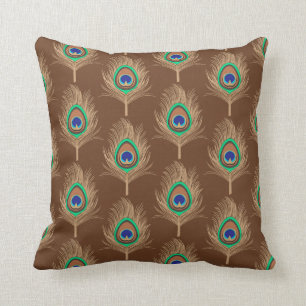 Coussin Plumes de paon, chameau Tan sur brun chocolat
