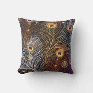 Coussin Plumes de paon doré : motif foncé.