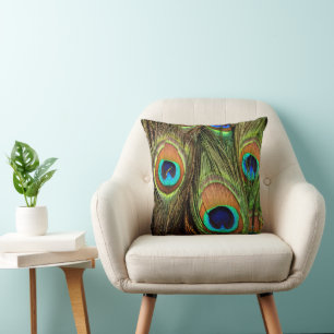 Coussin Plumes de paon élégantes jeté vert émeraude