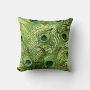 Coussin Plumes de paon en bleu et vert