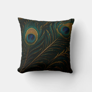 Coussin Plumes de Paon Luxueuses Motif Sarcelle Doré