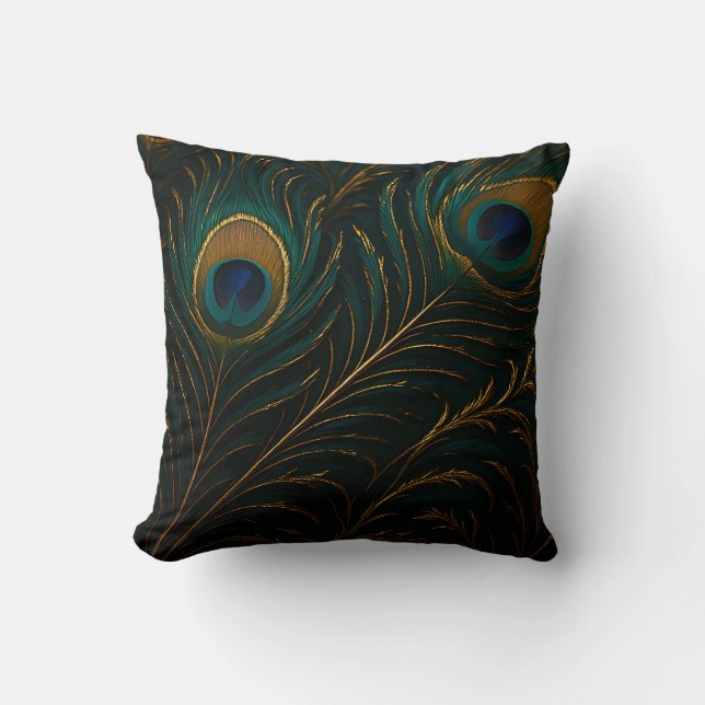 Coussin Plumes de Paon Luxueuses Motif Sarcelle Doré (Recto)