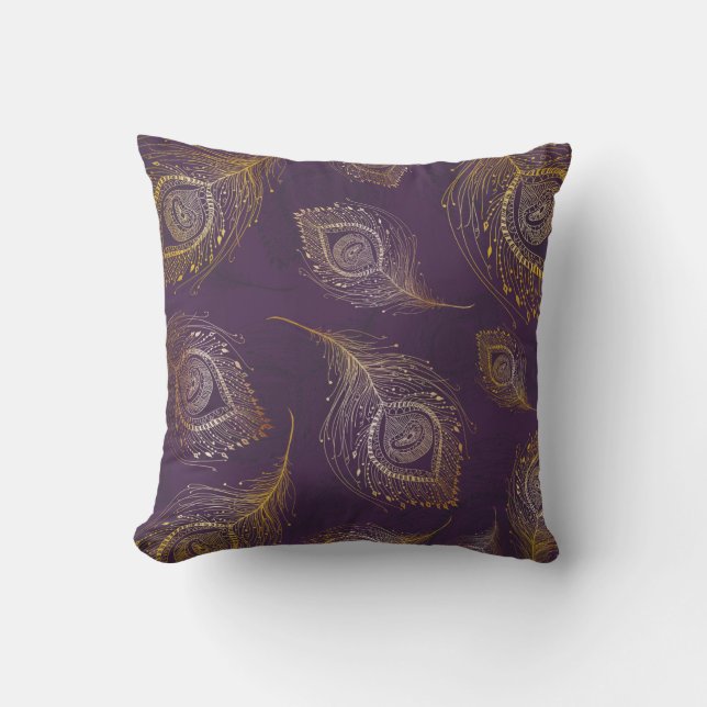 Coussin Plumes de paon or en arrière - plan violet (Recto)