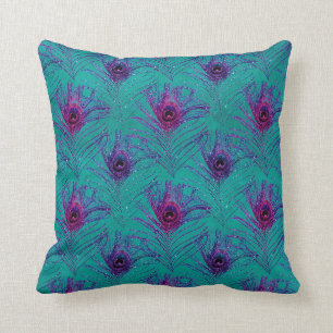 Coussin Plumes de paon pourpre sur Turquoise
