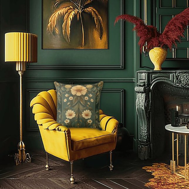 Coussin Plumes de paon romantique et marguerite Art Nouvea (Créateur téléchargé)