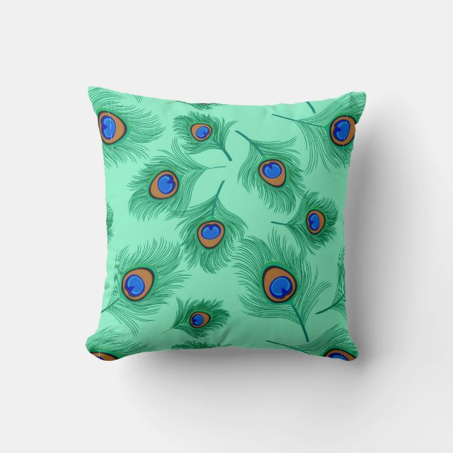 Coussin Plumes de paon turquoise sur Aqua clair (Recto)