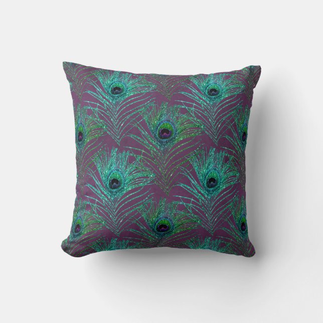 Coussin Plumes de paon Turquoise sur le violet (Recto)