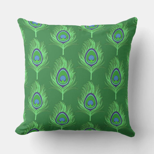 Coussin Plumes de paon, vert citron sur vert émeraude (Recto)