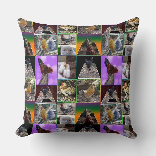 Coussin Plumes en vedette : Un collage de coqs de poulet (Recto)