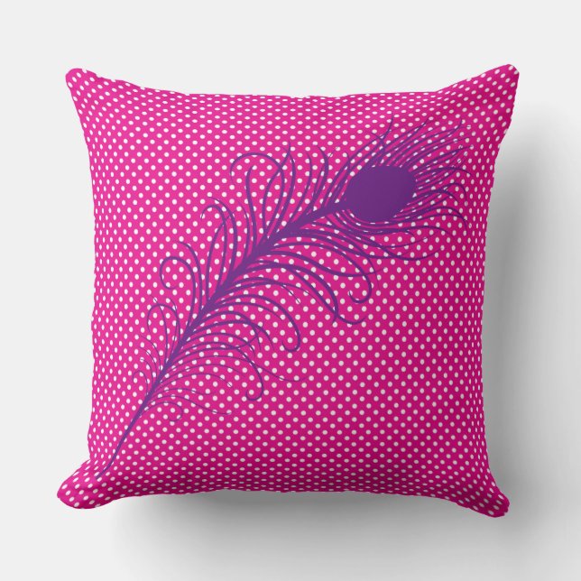 Coussin Plumes et Pois de paon - rose et violet (Recto)