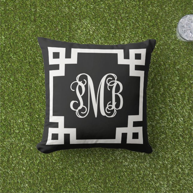 Coussin PMB noir et blanc clé grecque Monogramme de script (Herbe)