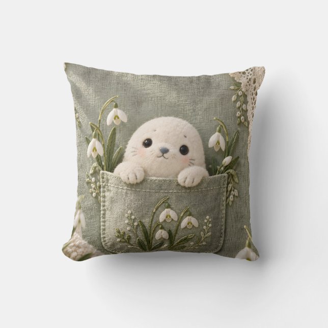 Coussin Poche de Phoque au Style Botanique Brodé de Snowdr (Recto)