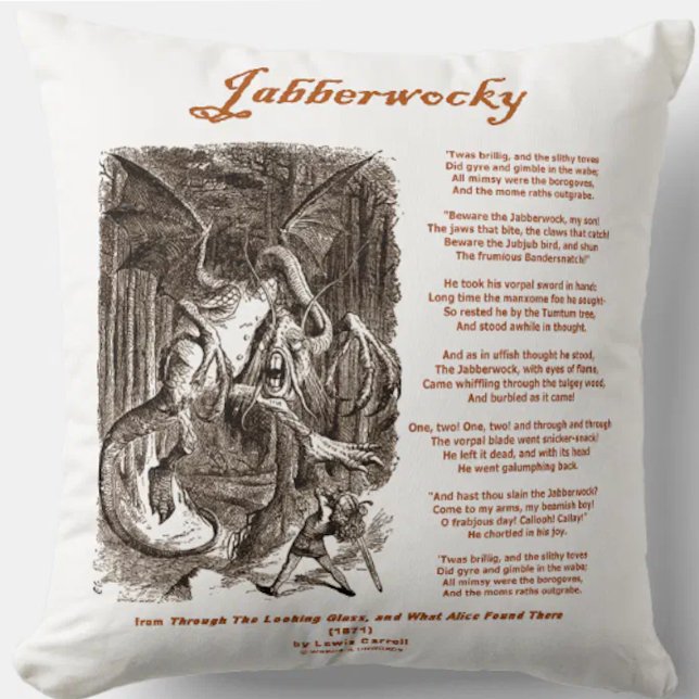 Coussin Poème Jabberwocky de Lewis Carroll (Adder noir) (Lewis Carroll Jabberwocky poem & John Tenniel drawing on this Wonderland attitude throw pillow)
