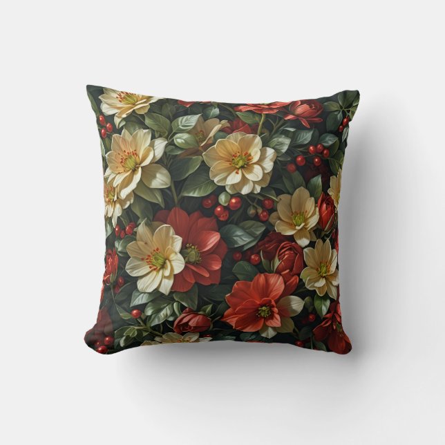 Coussin Poinsetia, fleurs rétro en rouge et vert (Recto)