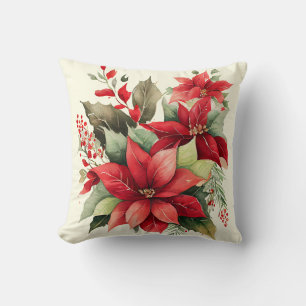 Coussin Poinsettia Baie de Houx Fleur Rouge Blanche Noël