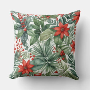 Coussin Poinsettia de Noël à l'aquarelle et baies rouges B