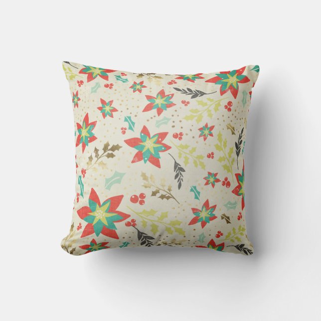 Coussin Poinsettia de Noël avec Feuilles et baies (Recto)