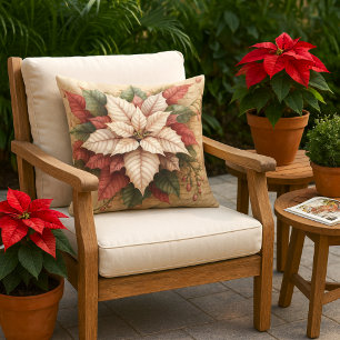 Coussin Poinsettia de Noël blanc et rouge pour porche ou p