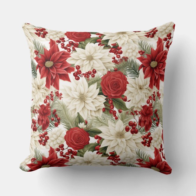 Coussin Poinsettia de Noël – Conception florale des Fêtes (Recto)