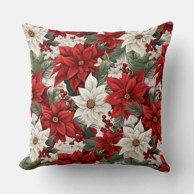 Coussin Poinsettia de Noël – Conception florale des Fêtes (Recto)