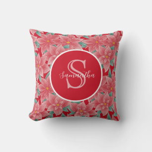 Coussin Poinsettia de Noël rouge Monogramme personnalisé