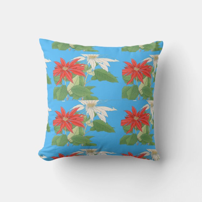 Coussin Poinsettias bleu Noël (Recto)