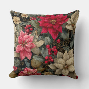 Coussin Poinsettias et baies florales de vacances d'hiver