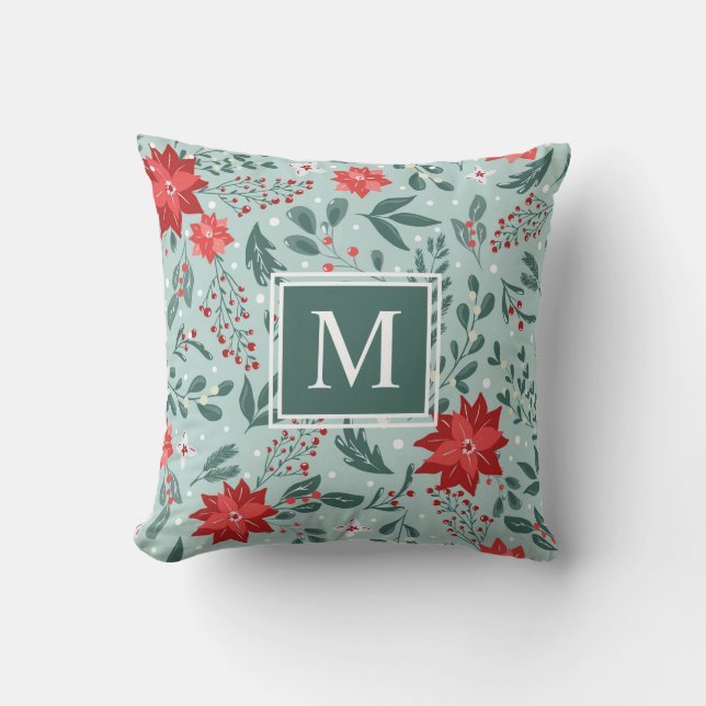 Coussin Poinsettias festives et Holly Berries Monogramme T (Recto)