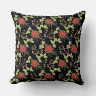 Coussin Poinsettias & Holly sur Noir   Vacances